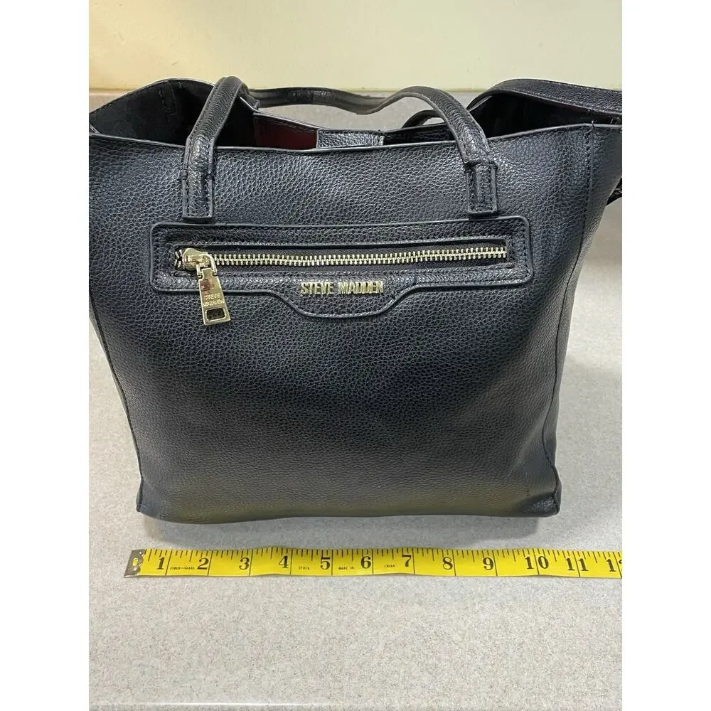Steve Madden Black Leather Pebbled Tote + Matching Makeup Wristlet-Shoulder Bag